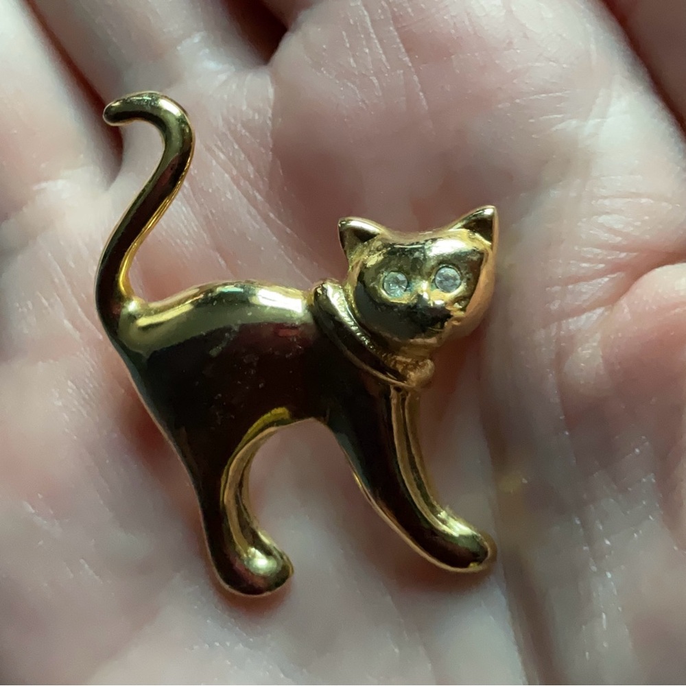 Vintage MCM Gold Tone Cat Brooch Pin Rhinestone Eyes